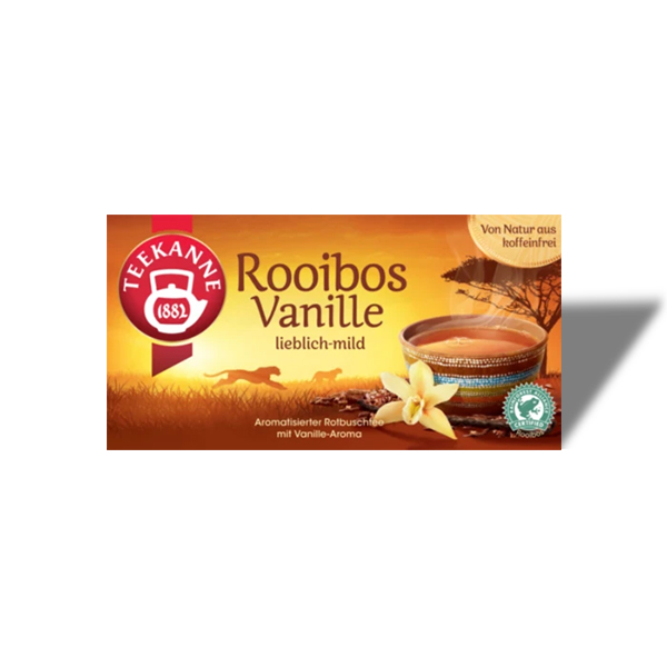 Lerne Deinen neuen Lieblingstee kennen – mit TEEKANNE Rooibos Vanille! Freue Dich auf hochwertigen Rotbusch, veredelt mit süßen Brombeerblättern und dem sanften Aroma von Vanille. Einfach aufbrühen und den unverwechselbaren Geschmack genießen!